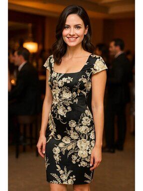 White House Black Market Black Gold Floral Sheath Dress  Size 4 Structured